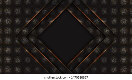 Abstract black vector background textured with golden halftone pattern. Creative element design with dotted ornament and frame. Trendy vibrant texture with gradient gradation. Template for banner
