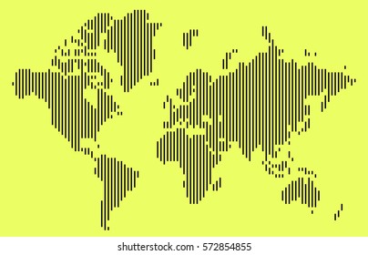 Abstract black vertical bar world map isolated on yellow background. Vector Illustration.