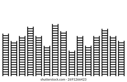 Abstract black vertical ladders arranged in multiple heights on white background, symbol of growth, challenge, and progress in modern design.