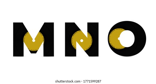 Abstract black vinyl disc modern alphabet font. Typography disco music letter design. Creative retro abc letter M, N, O. Vector illustraion