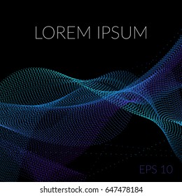 Abstract black wave background with colorful dots, curve lines. Vector