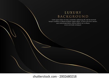 Abstract black wave background with golden line. Luxury simple design concept. Modern dark black grey color texture decoration. Suit for poster, advertising, cover, banner. Vector illustration