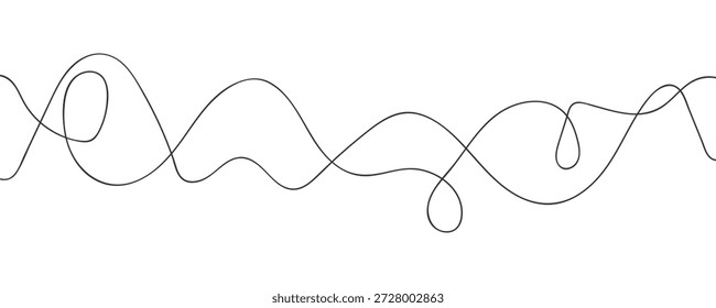 Abstrakte schwarze Wellenlinie bg. Dynamischer Energiestrom des Doodles auf weißem Hintergrund. Nahtloser, schmutziger Faden mit Drallmuster. Curl gezeichnetes Geschäftskonzept. Künstlerischer Pinselstrom. Chaos Scribble verwickelte Saite