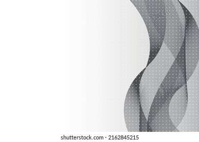 Abstract black wave lines flowing vertically on a white background with black gradient dotted pattern, ideal for technology, music, science and the digital world