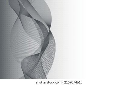 Abstract black wave lines simulating a fluid vertically on a white background with a black gradient dotted pattern, ideal for technology, music, science and the digital world
