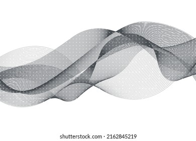 Abstract black wave lines simulating a fluid horizontally on a white background with a dotted pattern, ideal for technology, music, science and the digital world