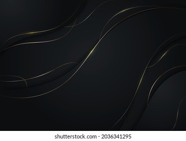 Abstract black wave shape with gold thread lines on dark background luxury style. Vector illustration