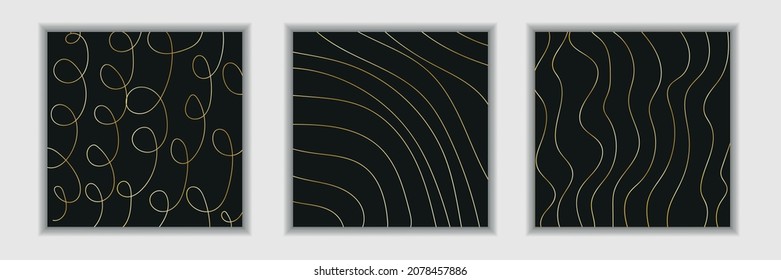 Abstract black wave shape with gold thread lines on dark background luxury style