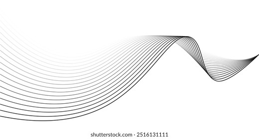 Abstract black waves, smooth flowing dynamic halftone gradient lines pattern (Guilloche curves) isolated on transparent background. Vector design element of sound, ocean wave