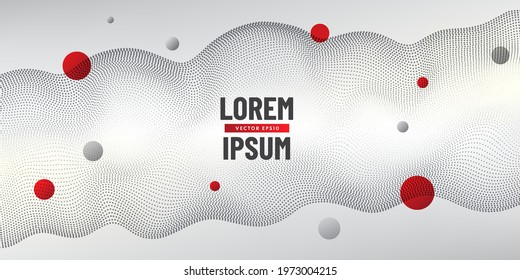 Abstract black wavy dot line pattern banner design with copy space. Red, gray sphere ball decorate. Technology black particles 3D movement of sound dynamic on white background. Vector illustration.