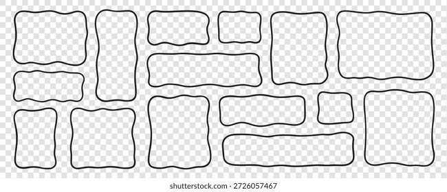 Abstractas marco ondulado negro y juguetón doodle de caja de texto, Formas orgánicas irregulares y divertidos bordes dibujados a mano para Anuncios creativos. Ilustración vectorial aislada sobre fondo transparente.