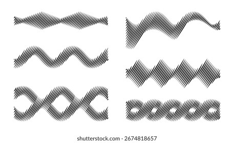 Abstract black wavy line pattern set.