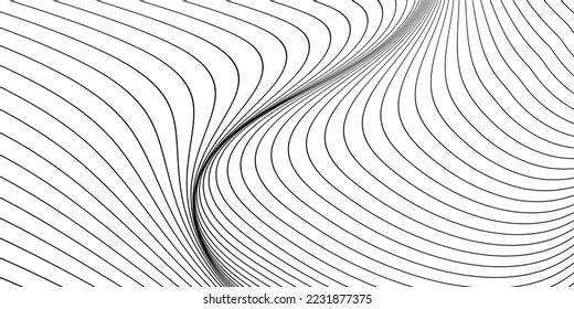 Abstract black wavy lines background. Modern monochrome stripe texture. Minimal lines pattern design element. Vector, 2023