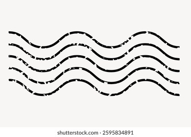 Abstract black wavy lines on a white background, resembling stylized waves or flowing water. The lines have a slightly distressed texture, adding a dynamic feel. Vintage vector illustration.