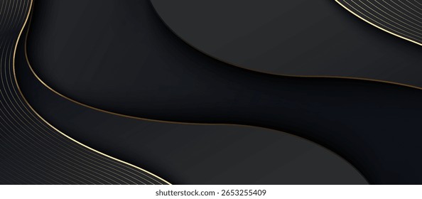 Abstractas forma ondulada negra con un fondo de líneas doradas. Anuncio de lujo, presentación. Fondo de lujo de corte de papel geométrico