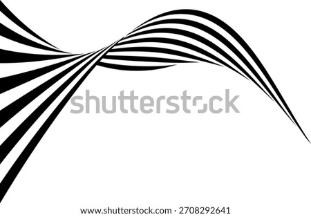 Abstract black wavy stripes forming a flowing, ribbon-like pattern on a white background. design features dynamic curved lines creating a sense of depth, movement, and modern optical style