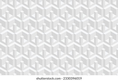 Abstraktes, geometrisches, nahtloses Muster in Schwarz und Weiß. Isometrische sechseckige Würfel optische Täuschung modernen Hintergrund in neutraler grauer Farbe.