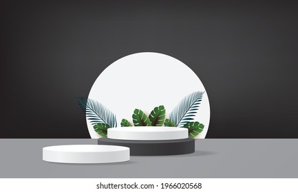 abstract black white 3d podium mockup tropical minimal stage luxury product vector illustation design