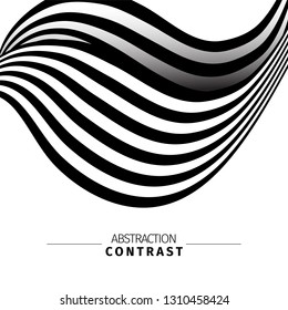 Abstract black and white 3d waves color background with text space. Wavy backdrop composition. Monochrome wave-like drawing. Contrast stripes vector illustration. Minimalistic poster concept