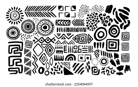 Abstract black and white african art shapes collection, tribal doodle decoration set. Random ethnic shapes, animal print texture and traditional hand drawn icons. svg