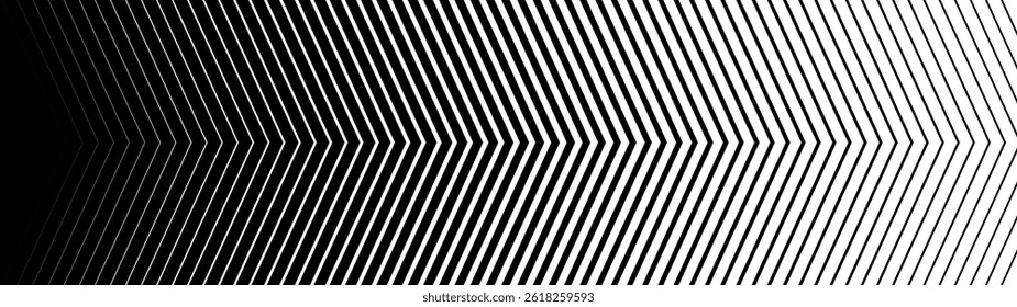 Abstract Black and White Arrow Background with Geometric Halftone Lines Fading in a Fast Forward Motion. Minimal Futuristic Pattern with Triangle Shape Transition. Vector Illustration.