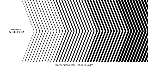 Abstract Black and White Arrow Background with Geometric Halftone Lines Fading in a Fast Forward Motion. Minimal Futuristic Pattern with Triangle Shape Transition. Vector Illustration.