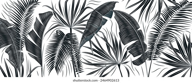 Abstrakter schwarz-weißer Kunsthintergrund mit tropischen Palmblättern im Linienstil. Botanischer Banner mit exotischen Pflanzen für Dekoration, Druck, Bildschirmhintergrund, Textil, Innenarchitektur, Poster.