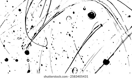 An abstract black and white artwork featuring splatters and streaks, creating a dynamic and energetic composition.