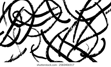An abstract black and white artwork featuring chaotic, overlapping lines and curves. The design creates a sense of movement and energy, suitable for modern decor or artistic projects.