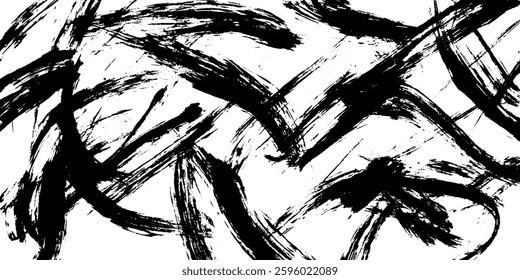 An abstract black and white artwork featuring dynamic brush strokes and splatters, creating a sense of movement and energy.