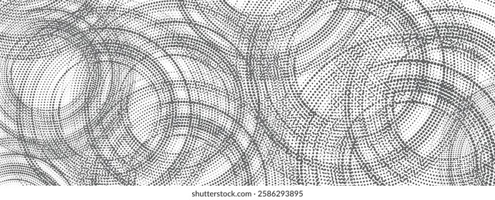 Abstract black and white backdrop with halftone circles. Simple pattern for wallpaper. Dotted concentric gray overlaid areas. Vector background