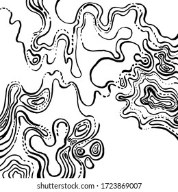Fondo en blanco y negro abstracto. Muchas líneas curvas caóticas crean un patrón en la superficie, gráficos caóticos y abstractos dibujados a mano