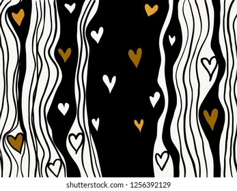 abstract black and white background childish line art with some golden hearts for wallpaper, texture, banner, label, cover, card, to celebrate happy holiday like valentine's day. vector design