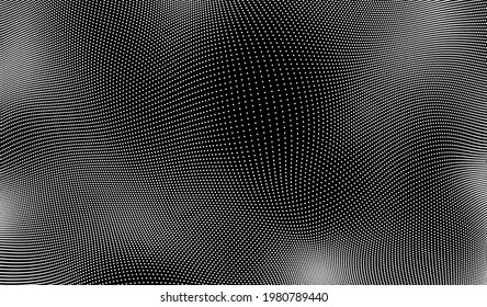 Resumen de fondo blanco y negro con círculos. Matriz con partículas dinámicas. Patrón de puntos de polka. Textura. Ilustración vectorial.