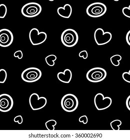 abstract black and white background with circles and hearts seamless vector pattern illustration