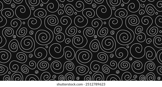 Abstract black white background, continuous backdrop. Shapes, spiral, circle. Seamless pattern, vector texture.