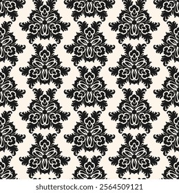 Abstract black and white background with curly shapes, swirls, floral elements. Luxury damask seamless pattern. Ornament texture in baroque, rococo, revival style. Repeating monochrome vector design