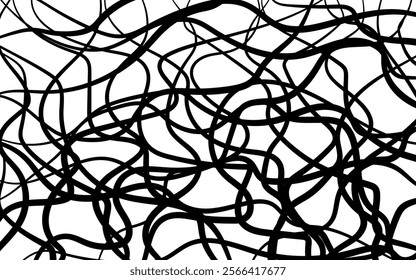 Abstract black and white background. Curved lines are randomly arranged. Feeling of anxiety and instability. Confusion, weave. Monochrome vector fone.