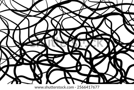 Abstract black and white background. Curved lines are randomly arranged. Feeling of anxiety and instability. Confusion, weave. Monochrome vector fone.