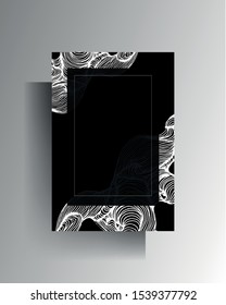 Abstract black and white background with decorative textural hand-drawn elements and frame. EPS 10 vector.