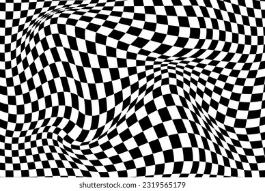 Abstract black and white background, distorted checkered pattern, illusion background.