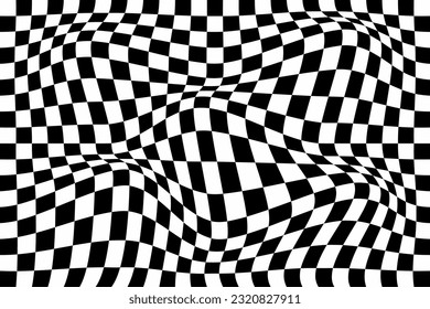 Abstract black and white background, distorted checkered pattern, illusion background.