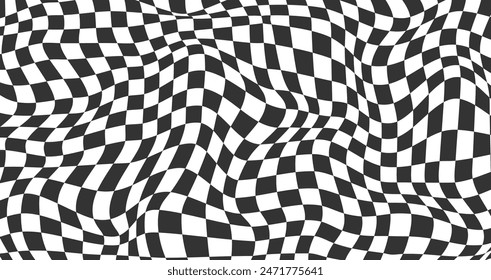 Abstract black and white background, distorted surface. Checkered pattern background. Geometrical banner with distortion. Chess pattern. Psychedelic optical illusion. Vector illustration.