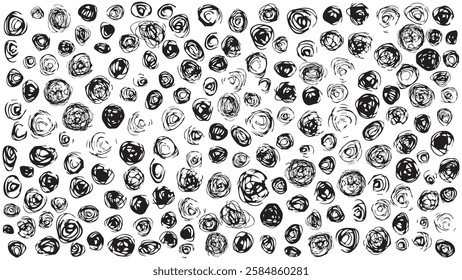 Abstract black and white background with doodles, pattern drawn in ink in the form of roses, black round prints on a white background, set of black blots, abstract floral background