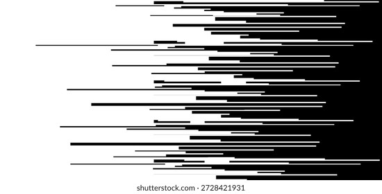 Fundo preto e branco abstrato com linhas horizontais dinâmicas. Efeito de falha moderna ou elemento de transição de velocidade para projetos criativos e design digital.