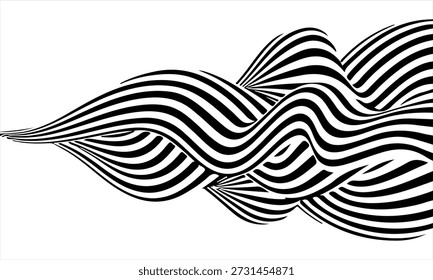 Plano de fundo preto e branco abstrato com linhas onduladas listradas dinâmicas. Ilustração vetorial moderna de uma fita de arte óptica fluente. Padrão de movimento geométrico minimalista para cartazes da moda, design de moda, banners da Web e identidade corporativa. Fundo Linear de Alto Contraste com Elegante Curvy Distortion.