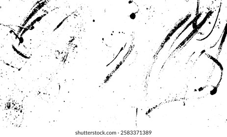 An abstract black and white background featuring random splatters and brush strokes, creating a dynamic and artistic texture.