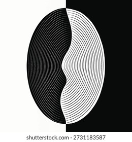Abstract black and white background featuring a geometric circular form divided into contrasting halves, inspired by yin yang balance and modern minimal art. Fine concentric lines create a hypnotic texture and smooth flowing symmetry, adding depth and visual rhythm. This monochrome pattern represents harmony, duality, and balance, making it ideal for contemporary backgrounds, posters, branding, wall art, web design, presentations, and editorial layouts. The clean contrast and elegant line work suit minimalist design projects, abstract textures, modern graphics, and creative compositions requiring a bold yet simple visual statement.