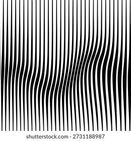 Abstract black and white background featuring vertical wavy stripes that create a dynamic optical illusion effect. The distorted line pattern adds movement, depth, and visual rhythm while maintaining a clean monochrome style. This modern abstract texture is ideal for backgrounds, wallpapers, posters, web design, branding, packaging, textiles, and contemporary graphic layouts. The high-contrast black and white tones enhance visual impact, making it suitable for minimal designs, op art concepts, creative surfaces, and bold editorial compositions requiring an eye-catching striped pattern.