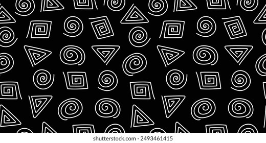 Abstract black white background, geometric pattern. Shapes, spiral, circle. Seamless background, vector texture.